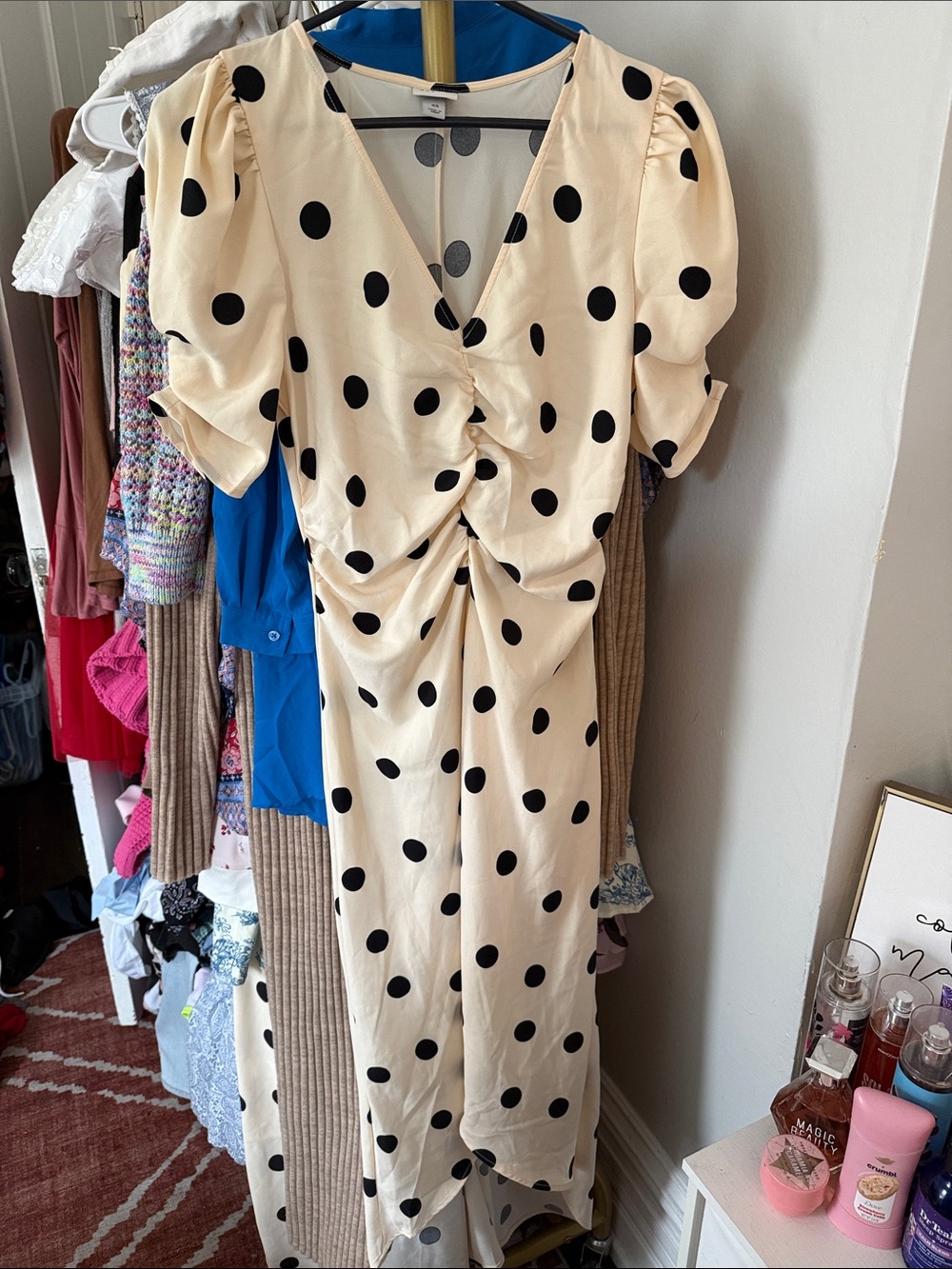 a new day Cream and Black Polka Dot Ruched Maxi Dress